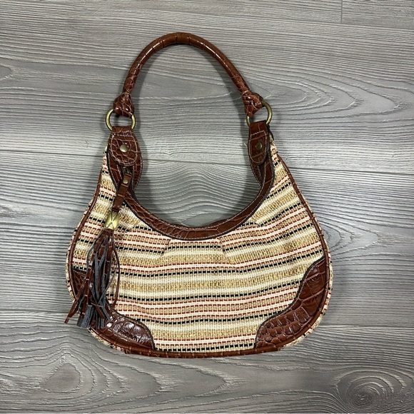 Woven Metallic Accent Shoulder Bag with Faux Leather Trim & Tassel Boho Summer - Picture 1 of 5